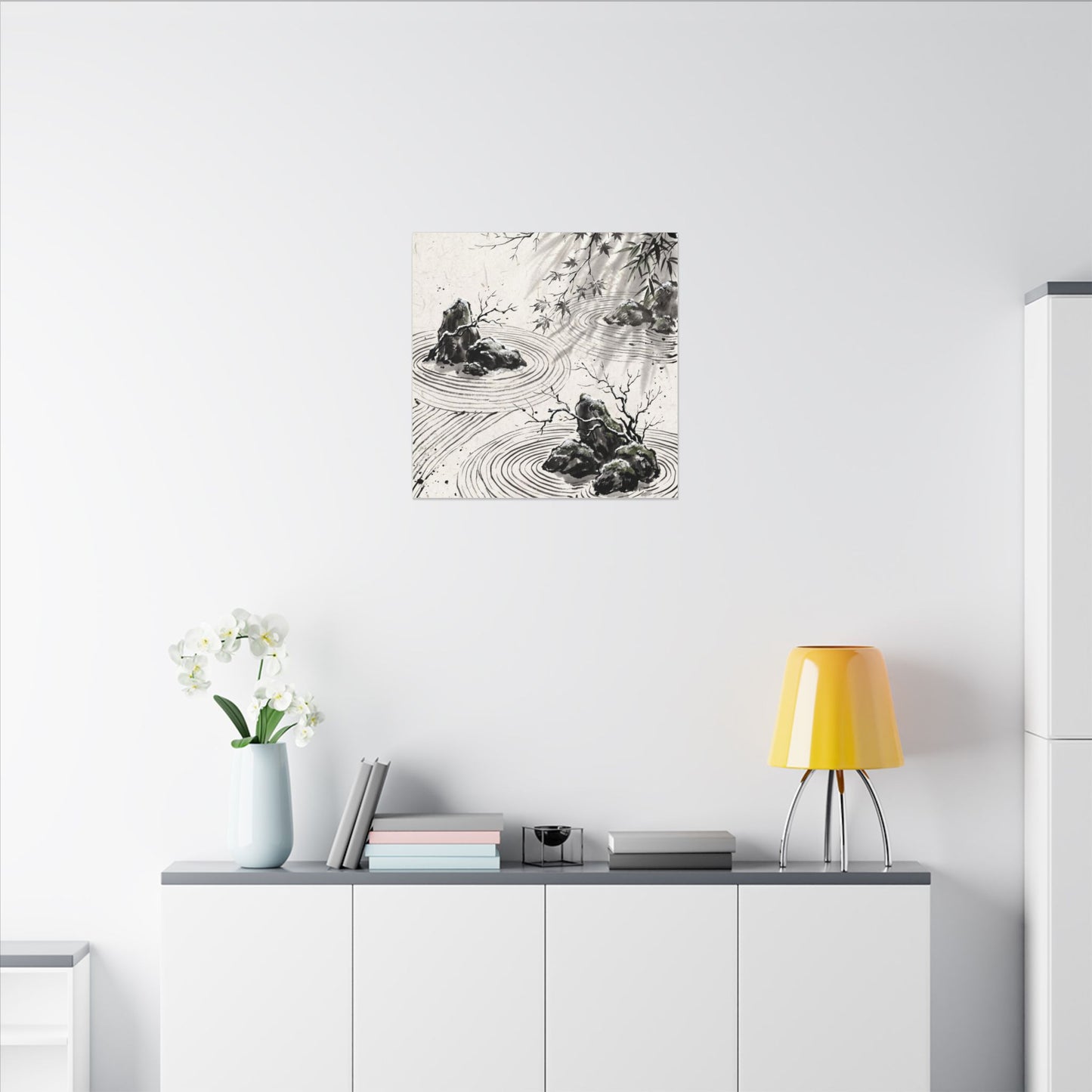Rock Garden Canvas Art | Winter Zen Sumi E Art