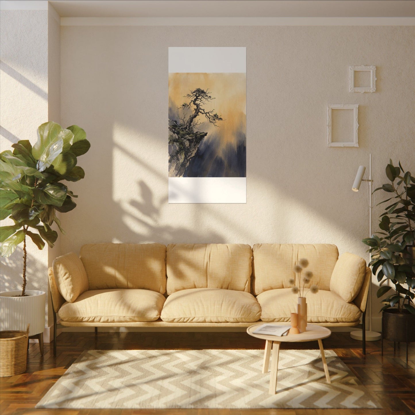 Zen Pine Tree in Golden Hour | Sumi E Canvas Art