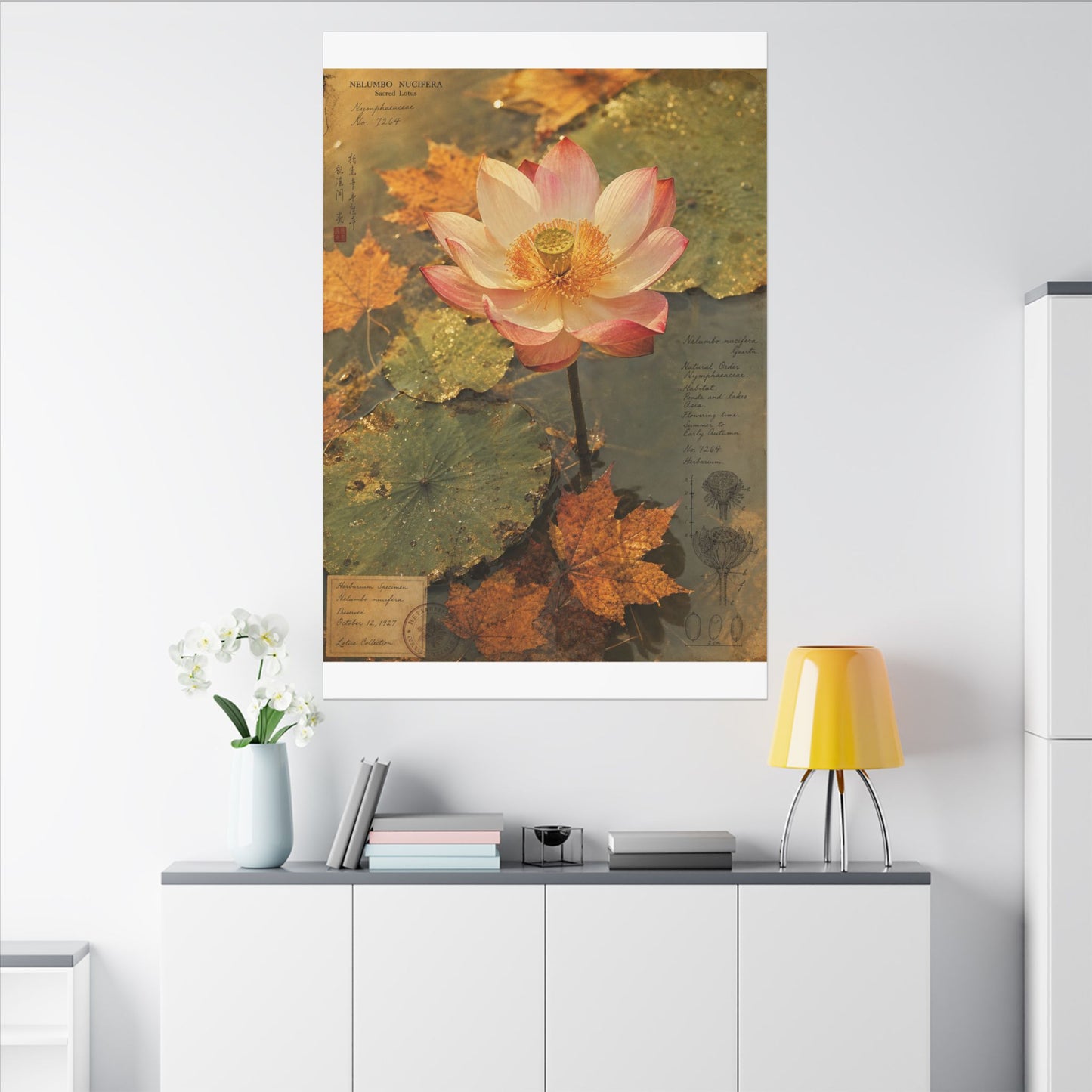 Autumn Lotus Flower Herbarium Canvas Art | Rustic Decor