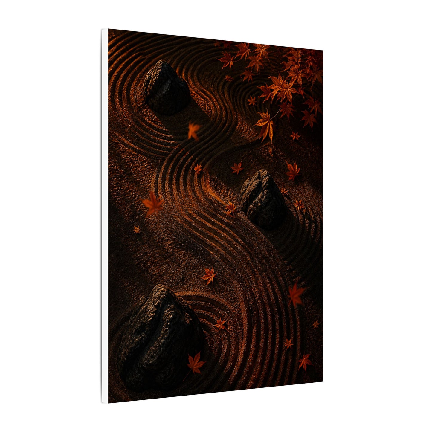 Dark Japandi Rock Garden in Golden Hour | Charcoal Ink Canvas Art