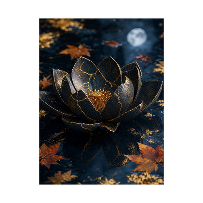 Kintsugi Lotus Flower in Moonlight | Gold Repair Wall Art Print