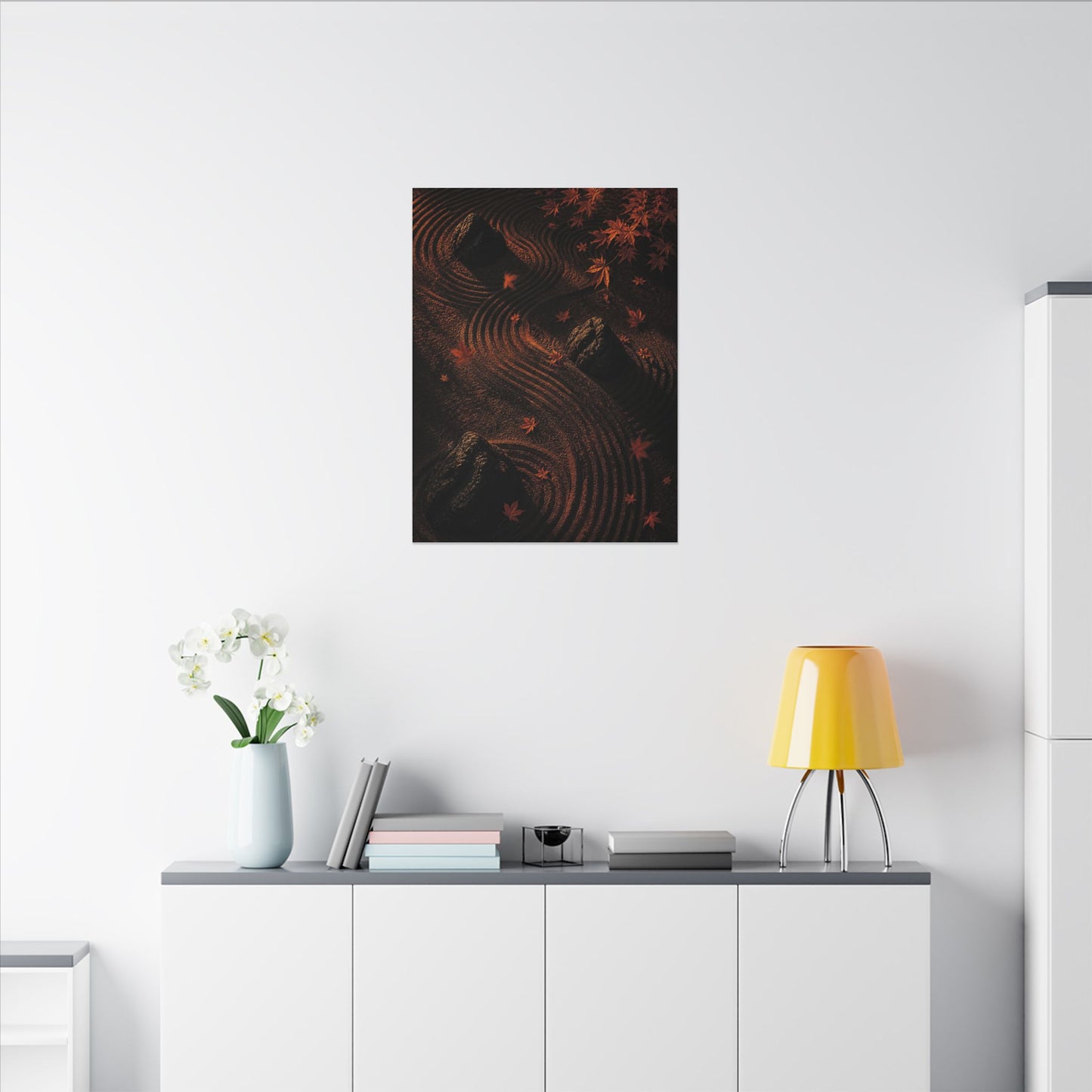 Dark Japandi Rock Garden in Golden Hour | Charcoal Ink Canvas Art