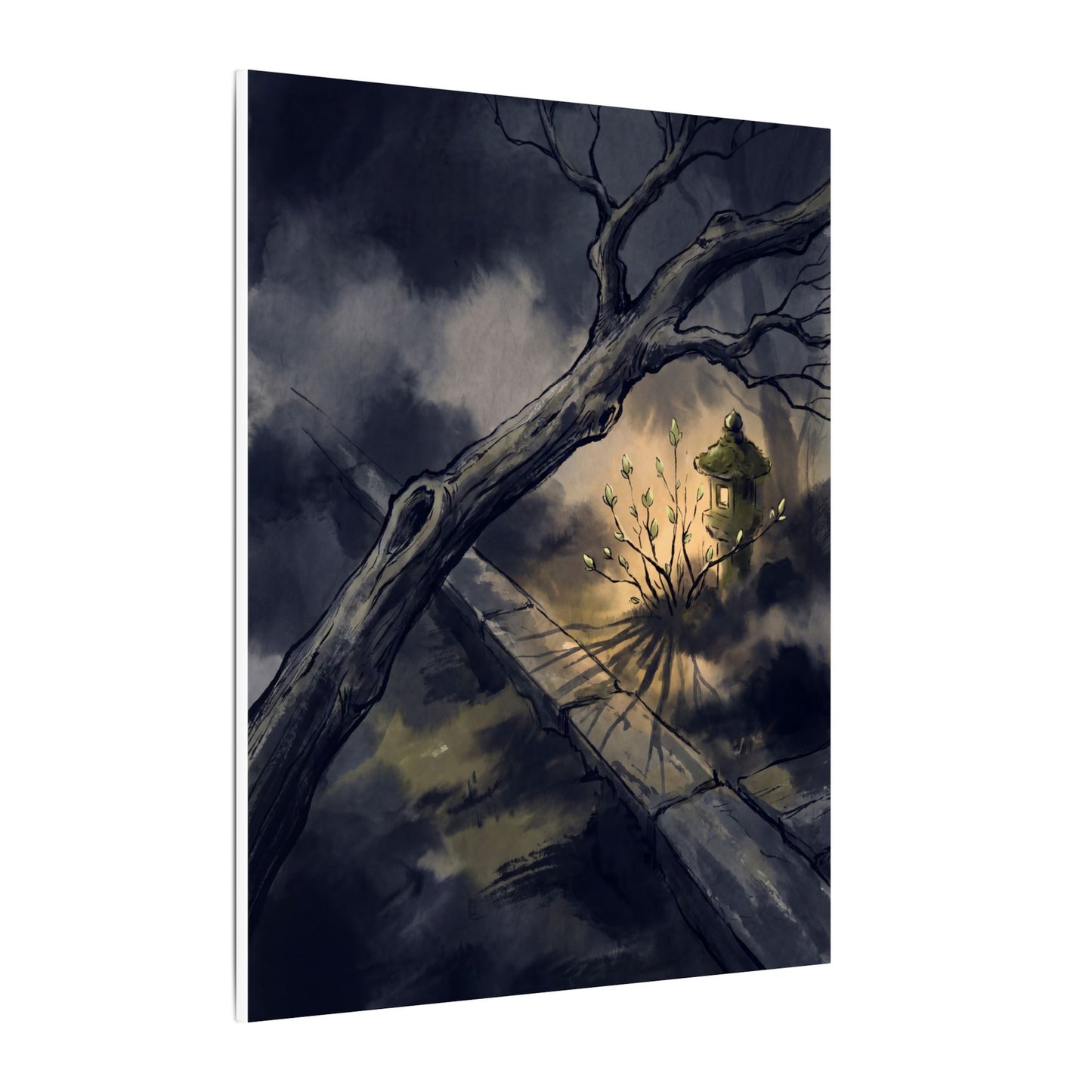 Dark Japandi Moonlit Garden in Golden Hour | Charcoal Ink Canvas Art