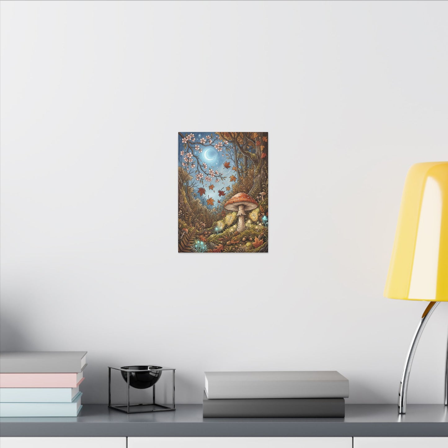 Autumn Cherry Blossom Mushroom Illustration Canvas Art | Enchanting Decor