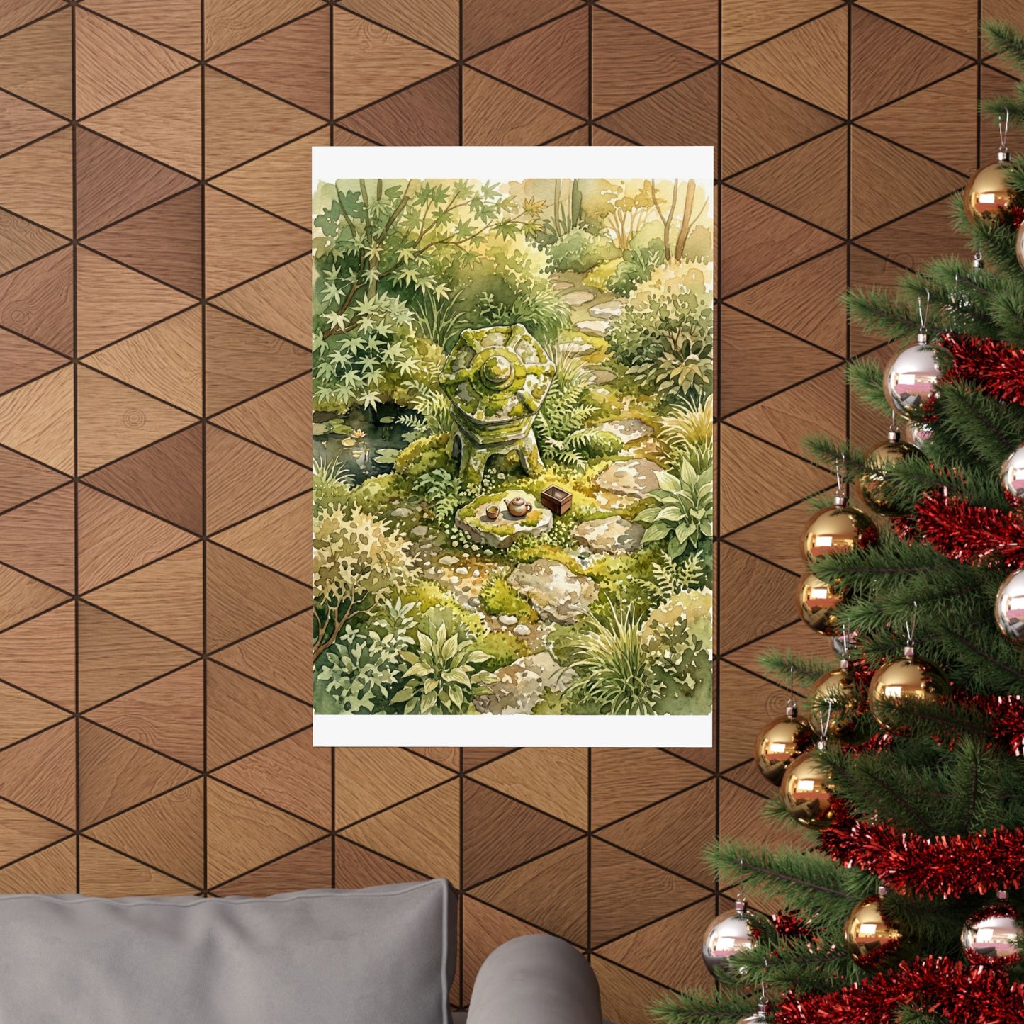 Japandi Stone Lantern in Golden Hour | Watercolor Wall Art Print
