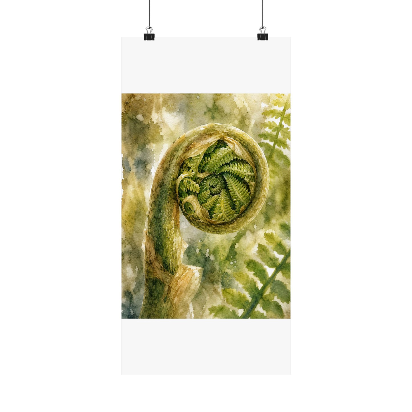 Elegant Fern Unfurling Wall Art Print - Watercolor Japandi