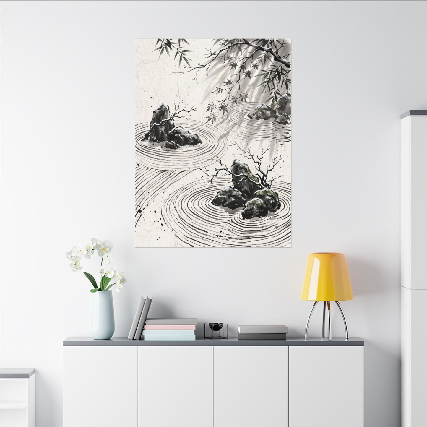 Rock Garden Canvas Art | Winter Zen Sumi E Art