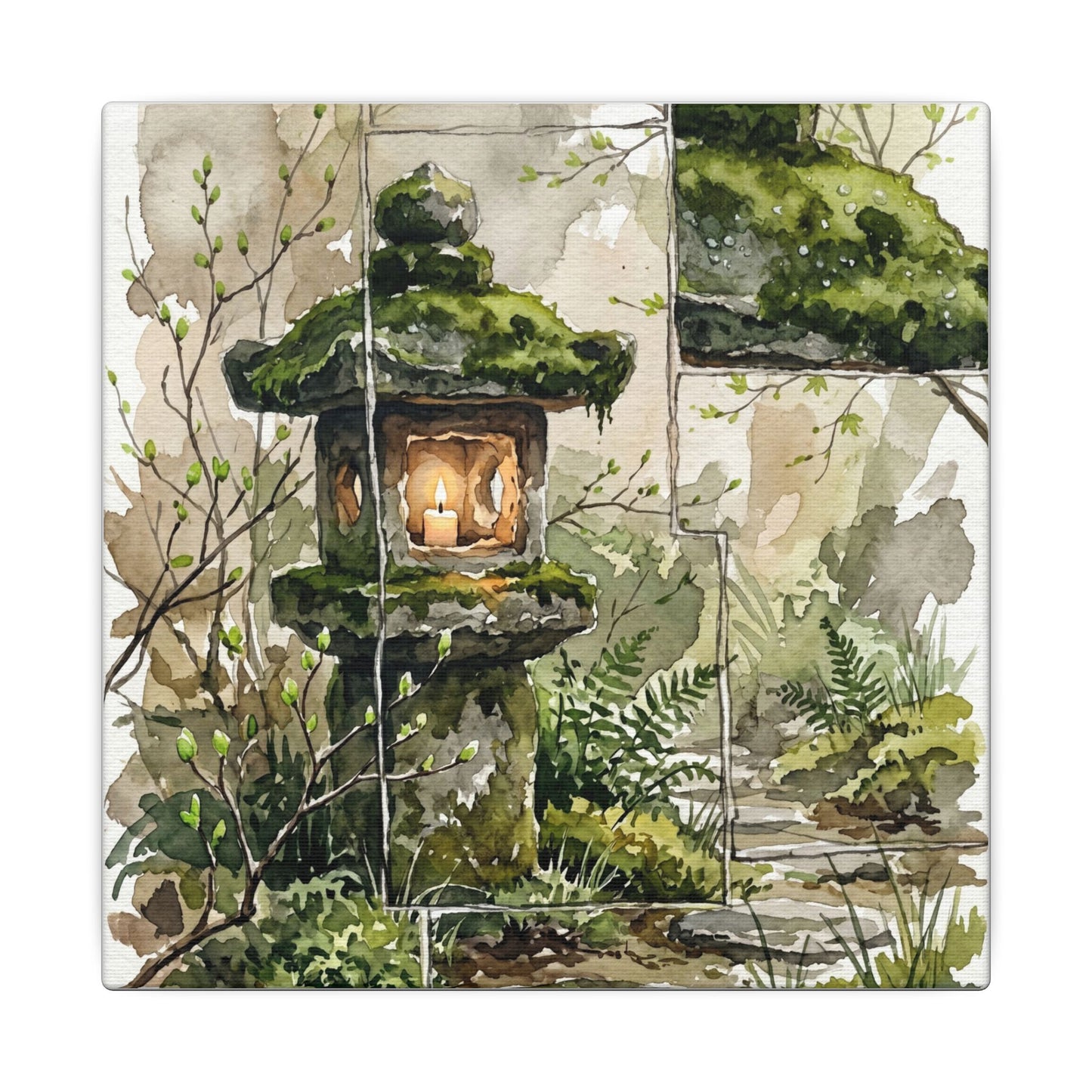 Stone Lantern Watercolor Canvas Art | Elegant Japandi Art