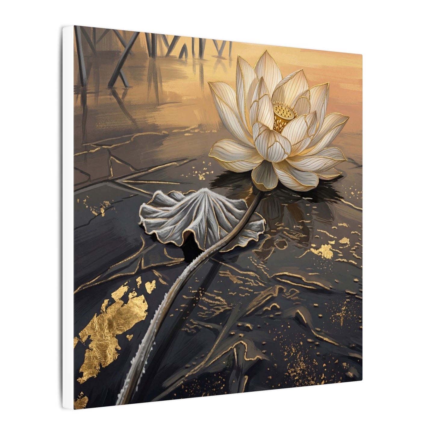 Kintsugi Lotus Flower in Golden Hour | Gold Vein Canvas Art
