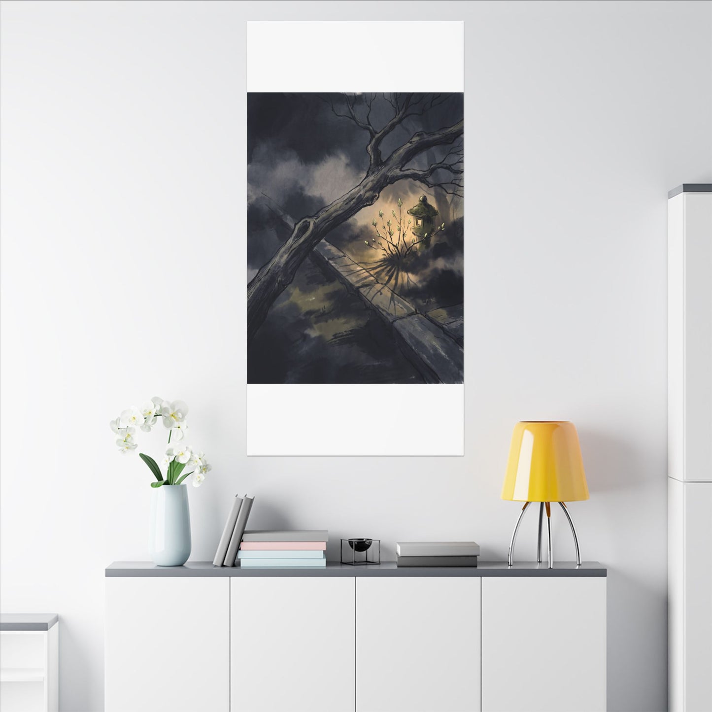 Dark Japandi Moonlit Garden in Golden Hour | Charcoal Ink Canvas Art