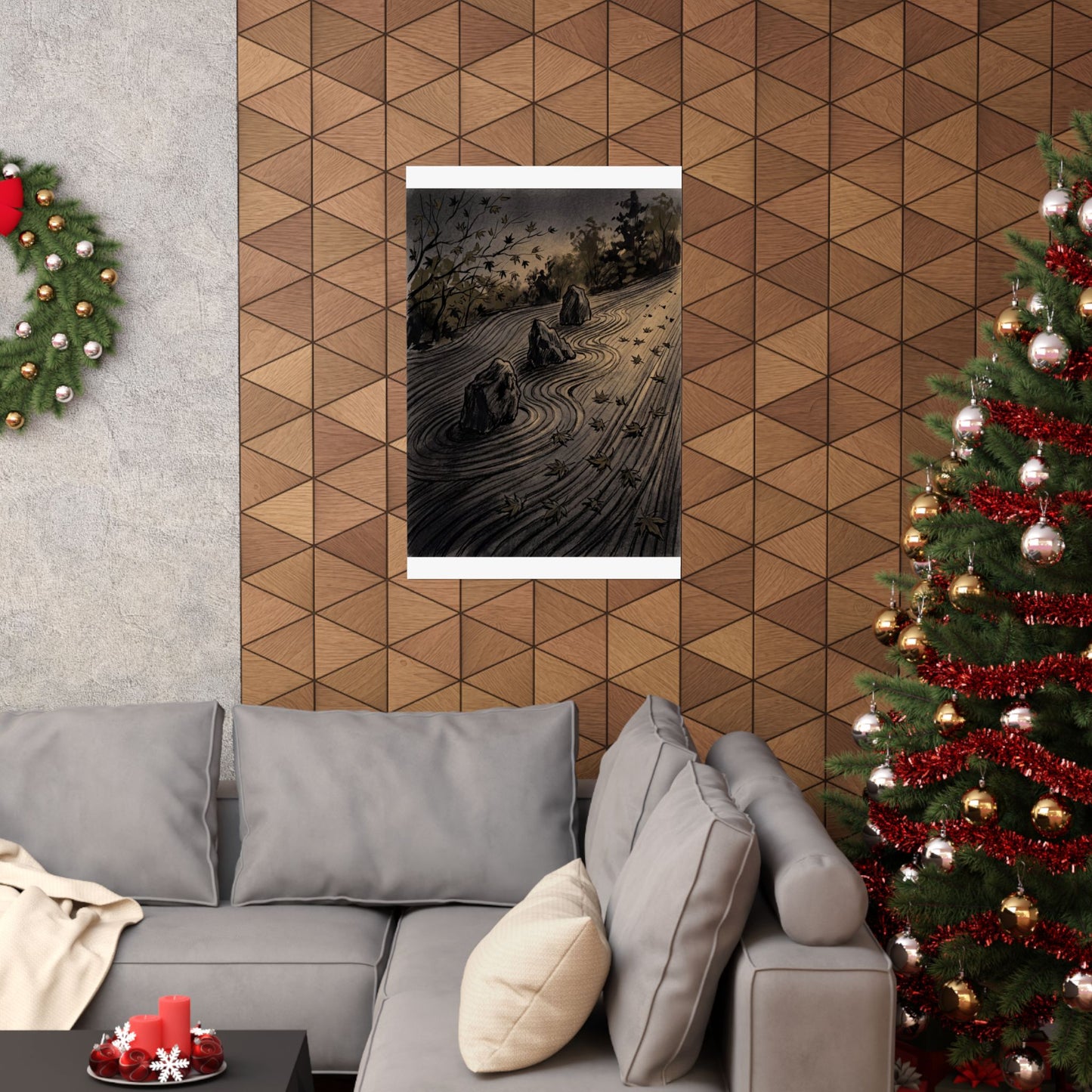 Rock Garden Autumn Wall Art Print | Dark Japandi Sophisticated Design