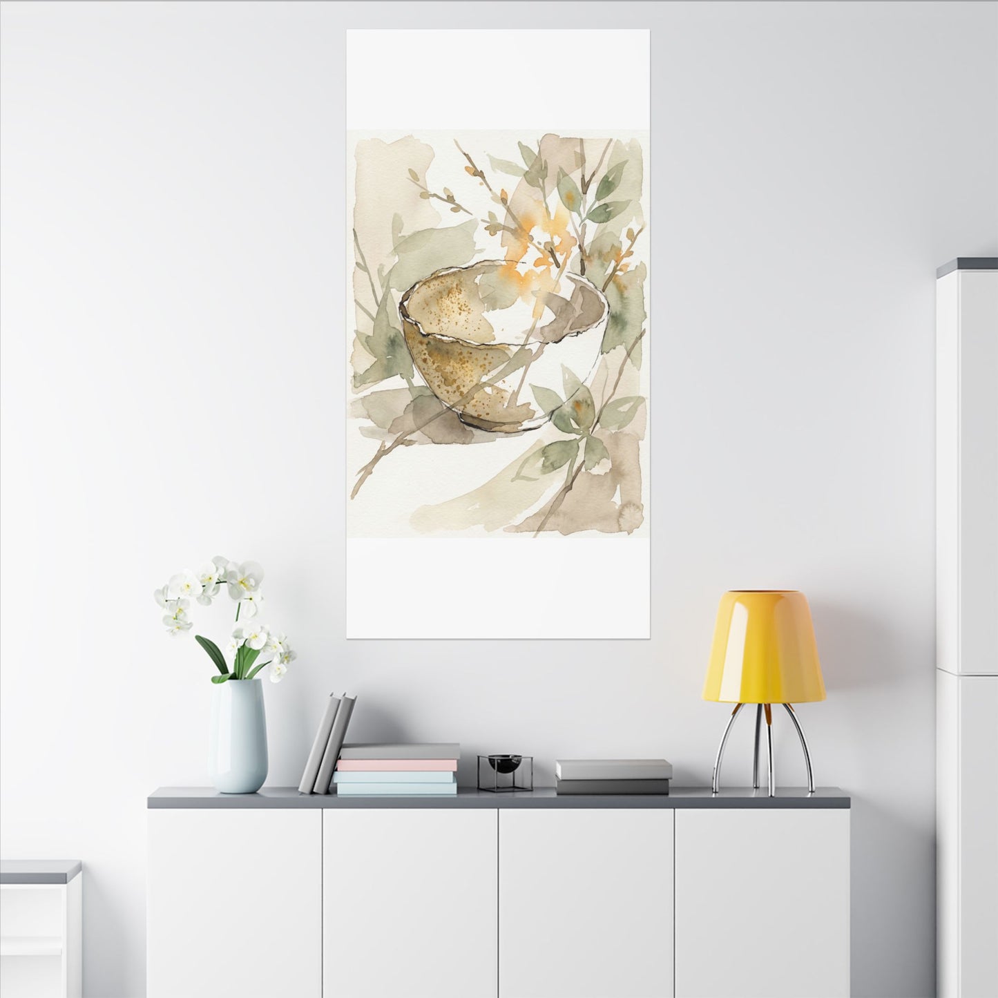 Spring Ceramic Bowl Watercolor Canvas Art | Neutral Decor