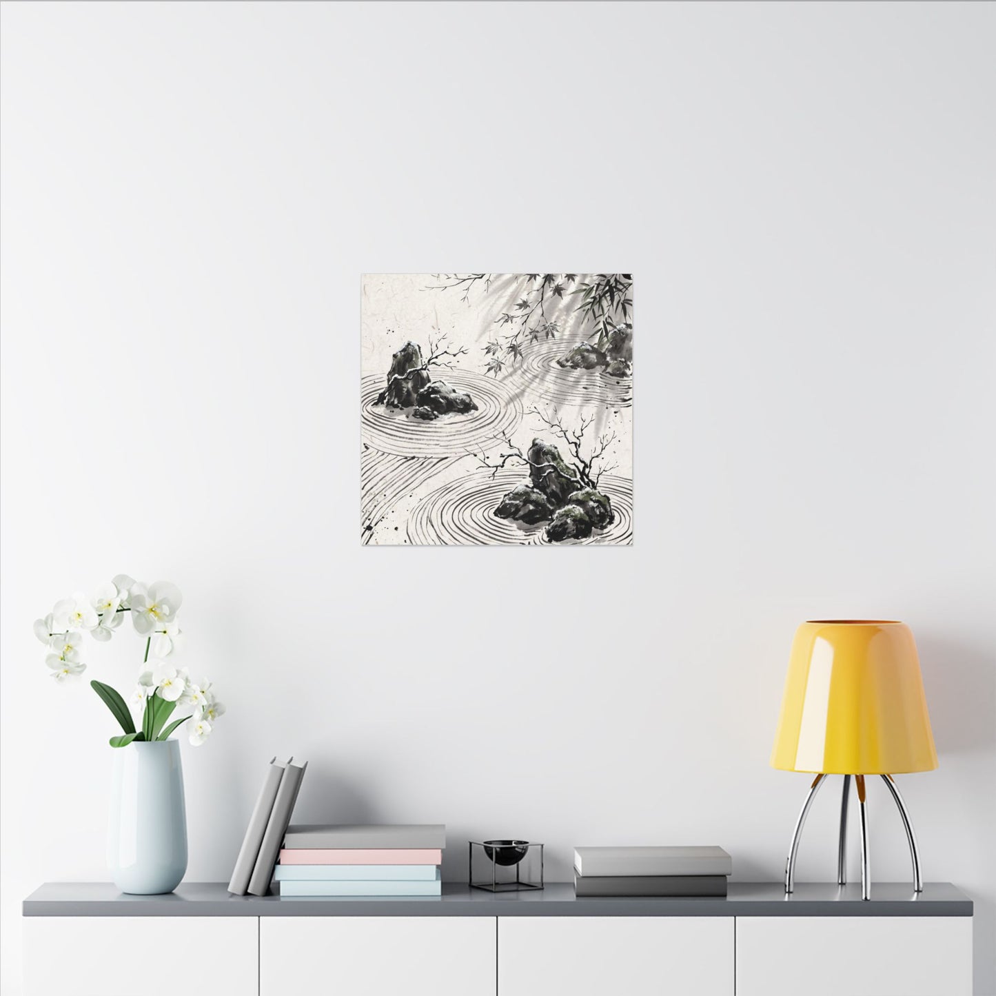 Rock Garden Canvas Art | Winter Zen Sumi E Art