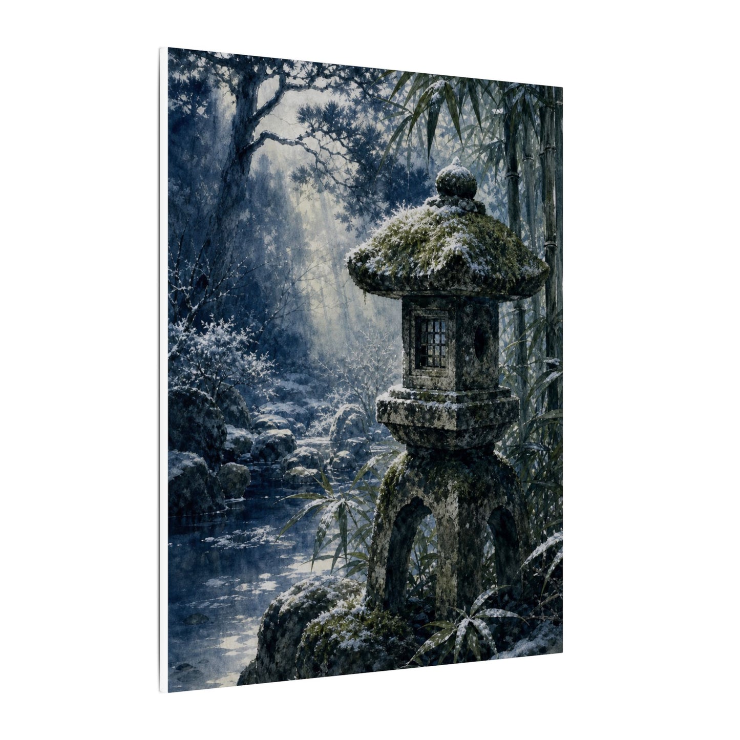Zen Stone Lantern in Dappled | Sumi E Canvas Art