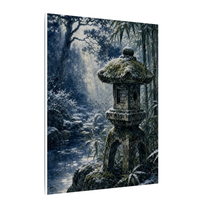 Zen Stone Lantern in Dappled | Sumi E Canvas Art