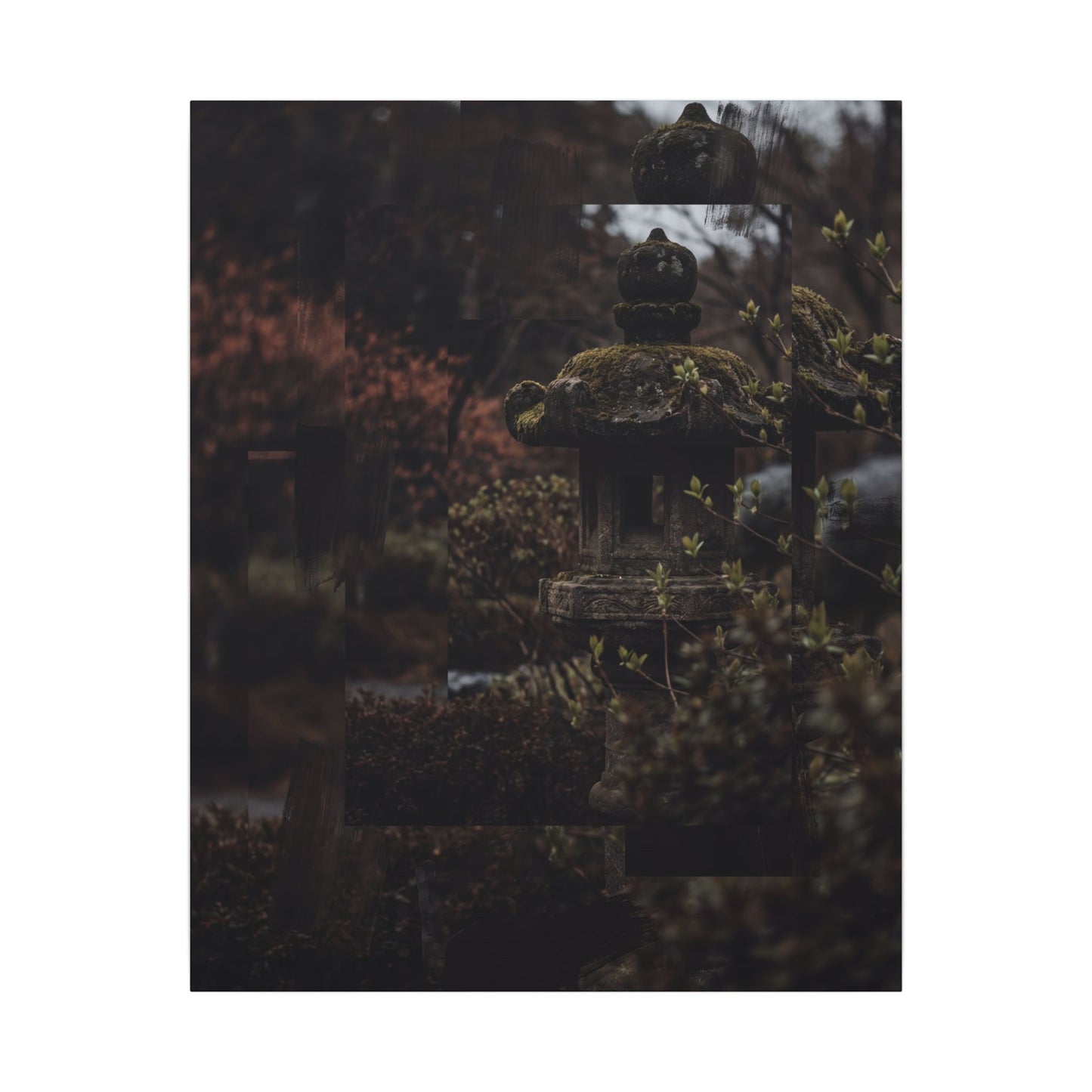 Stone Lantern Spring Canvas Art | Dark Japandi Bold Design