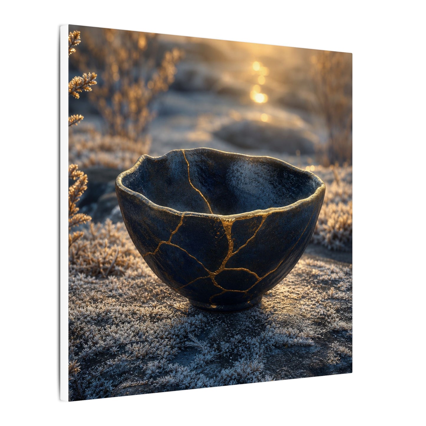 Ceramic Bowl Canvas Art | Winter Kintsugi Gold Repair Art
