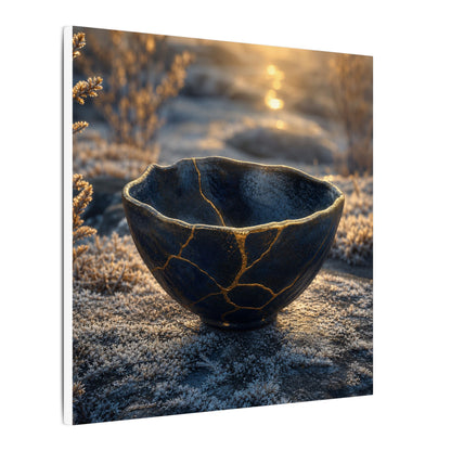 Ceramic Bowl Canvas Art | Winter Kintsugi Gold Repair Art