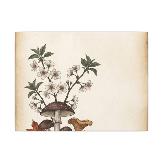 Cottagecore Cherry Blossom in Overcast | Mushroom Illustration Canvas Art