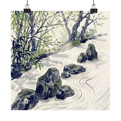 Zen Rock Garden in Dappled | Sumi E Wall Art Print