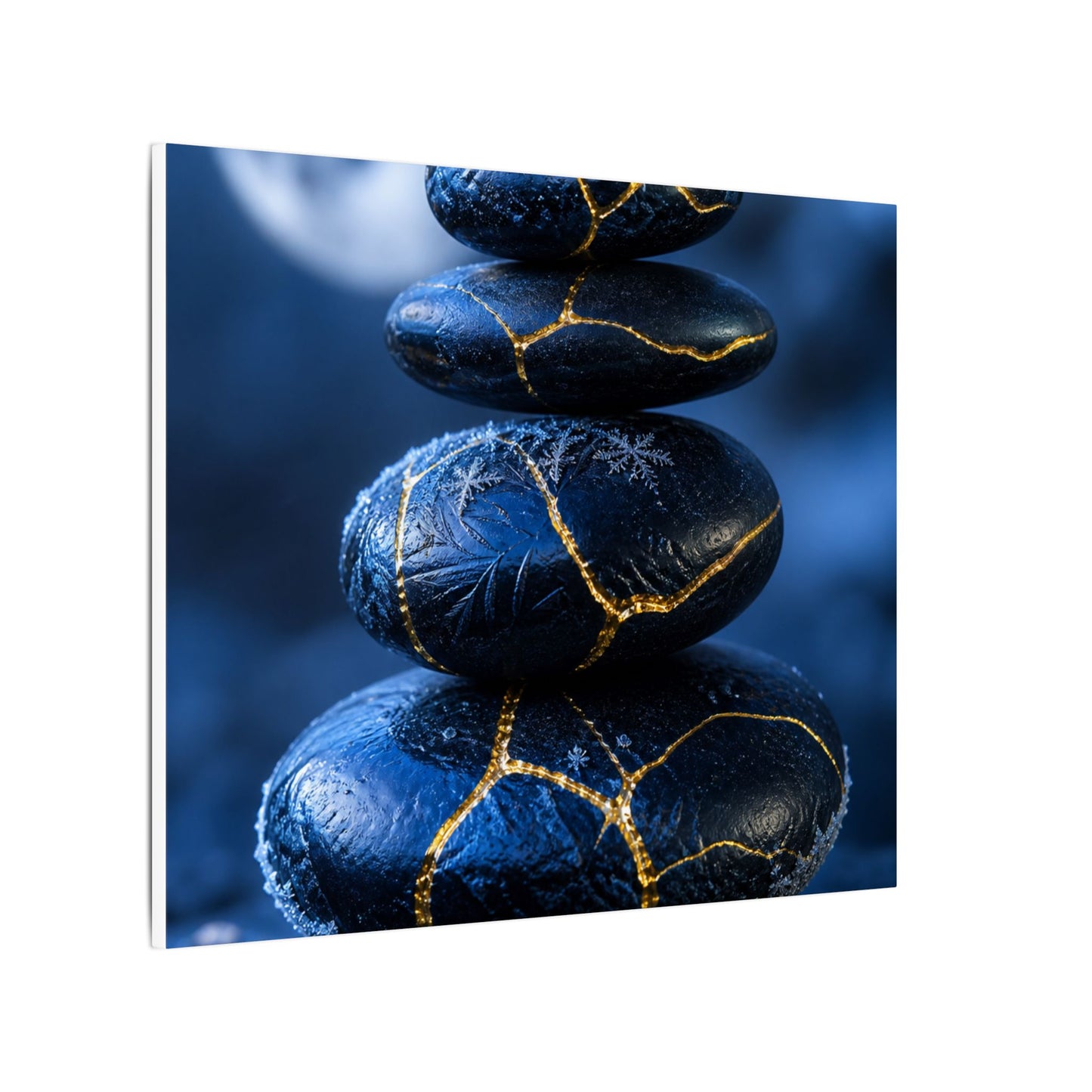 River Stones Canvas Art | Winter Kintsugi Gold Repair Art