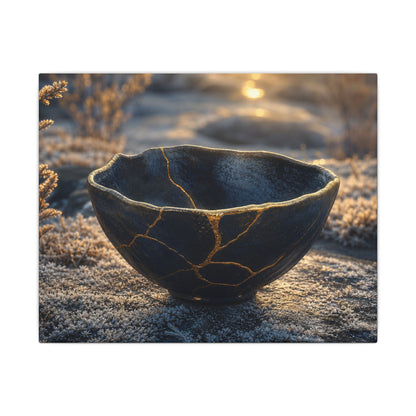 Ceramic Bowl Canvas Art | Winter Kintsugi Gold Repair Art