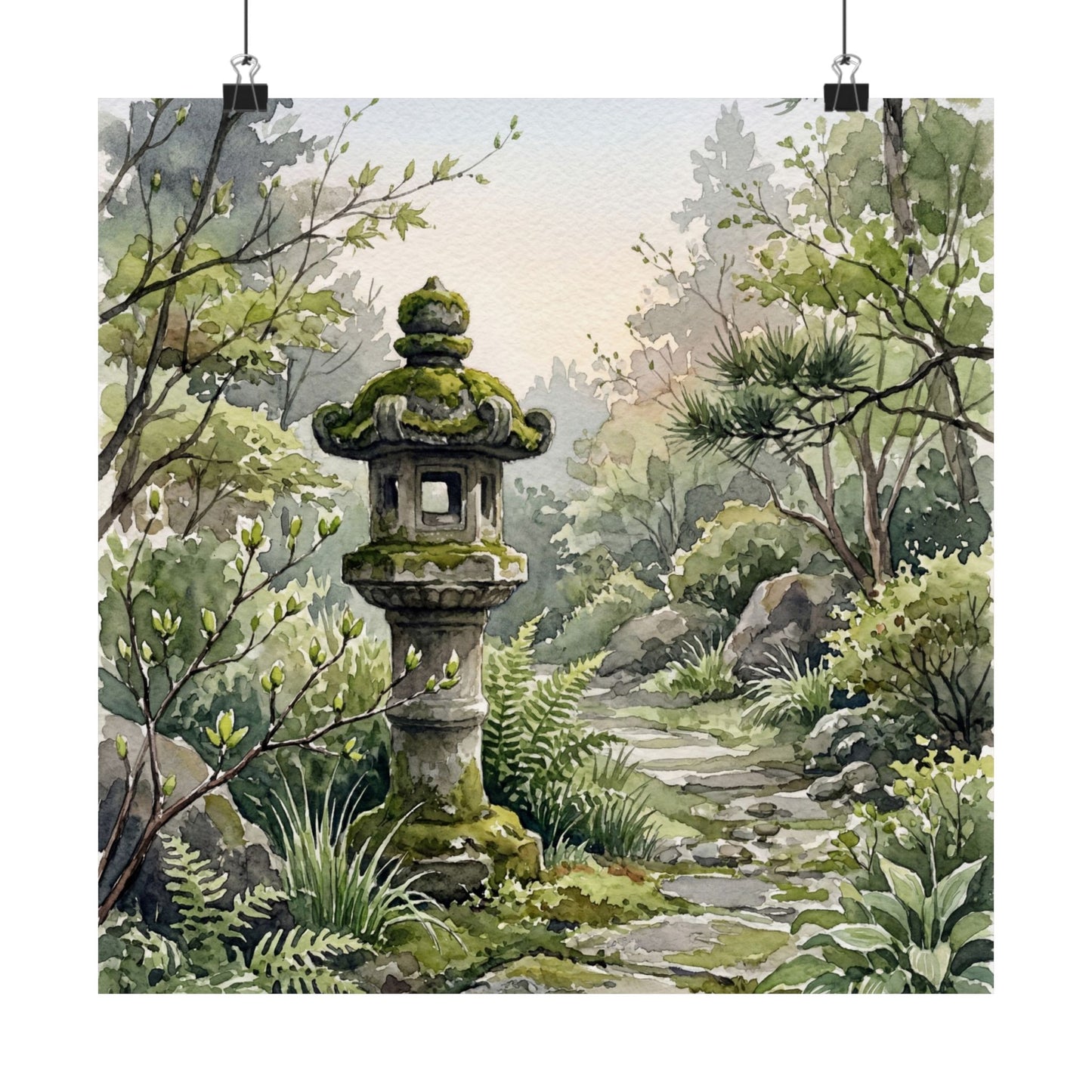 Japandi Stone Lantern in Dawn | Watercolor Wall Art Print