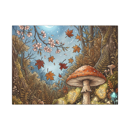 Autumn Cherry Blossom Mushroom Illustration Canvas Art | Enchanting Decor