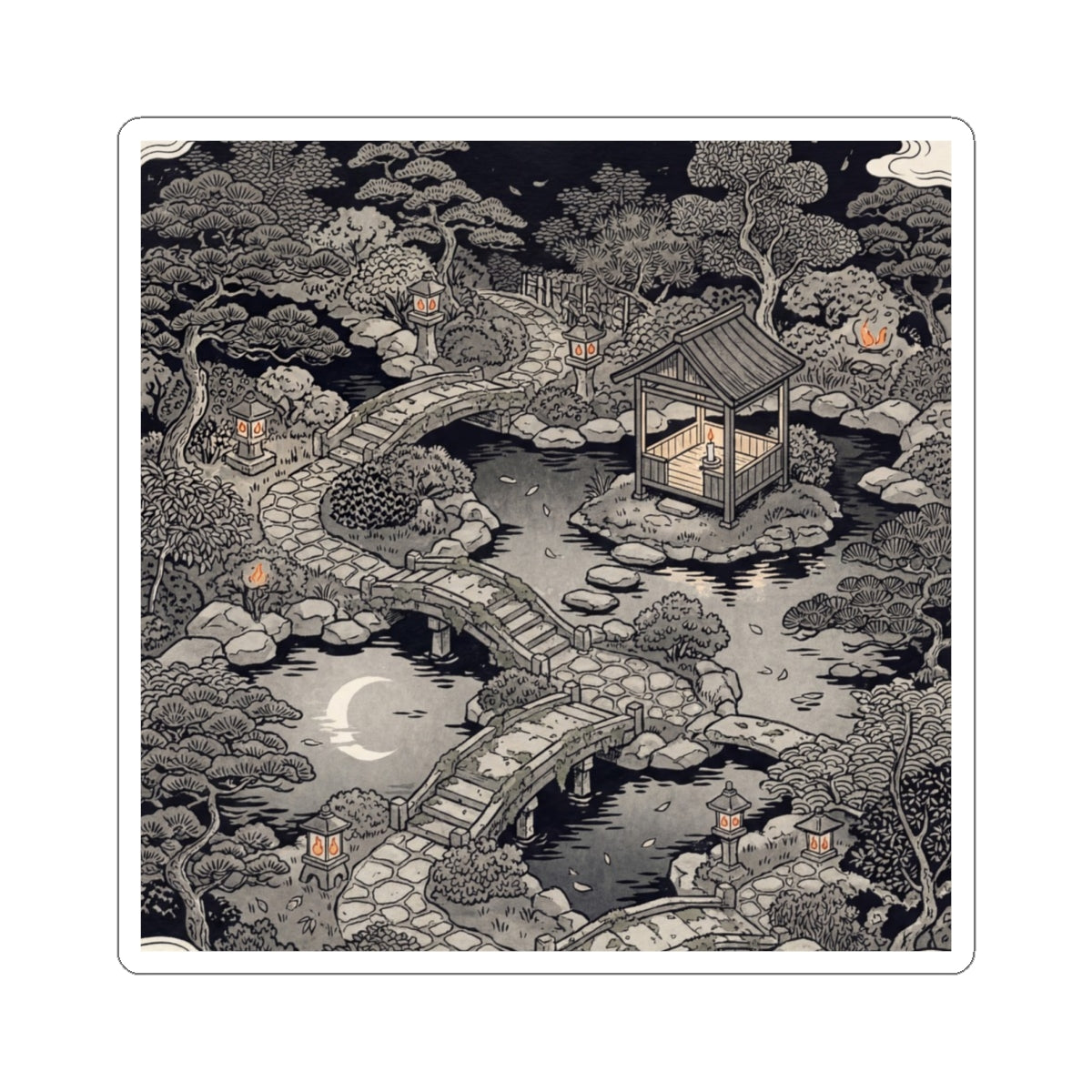 Calm Moonlit Garden Sticker - Ukiyo E Inspired Zen Art Print