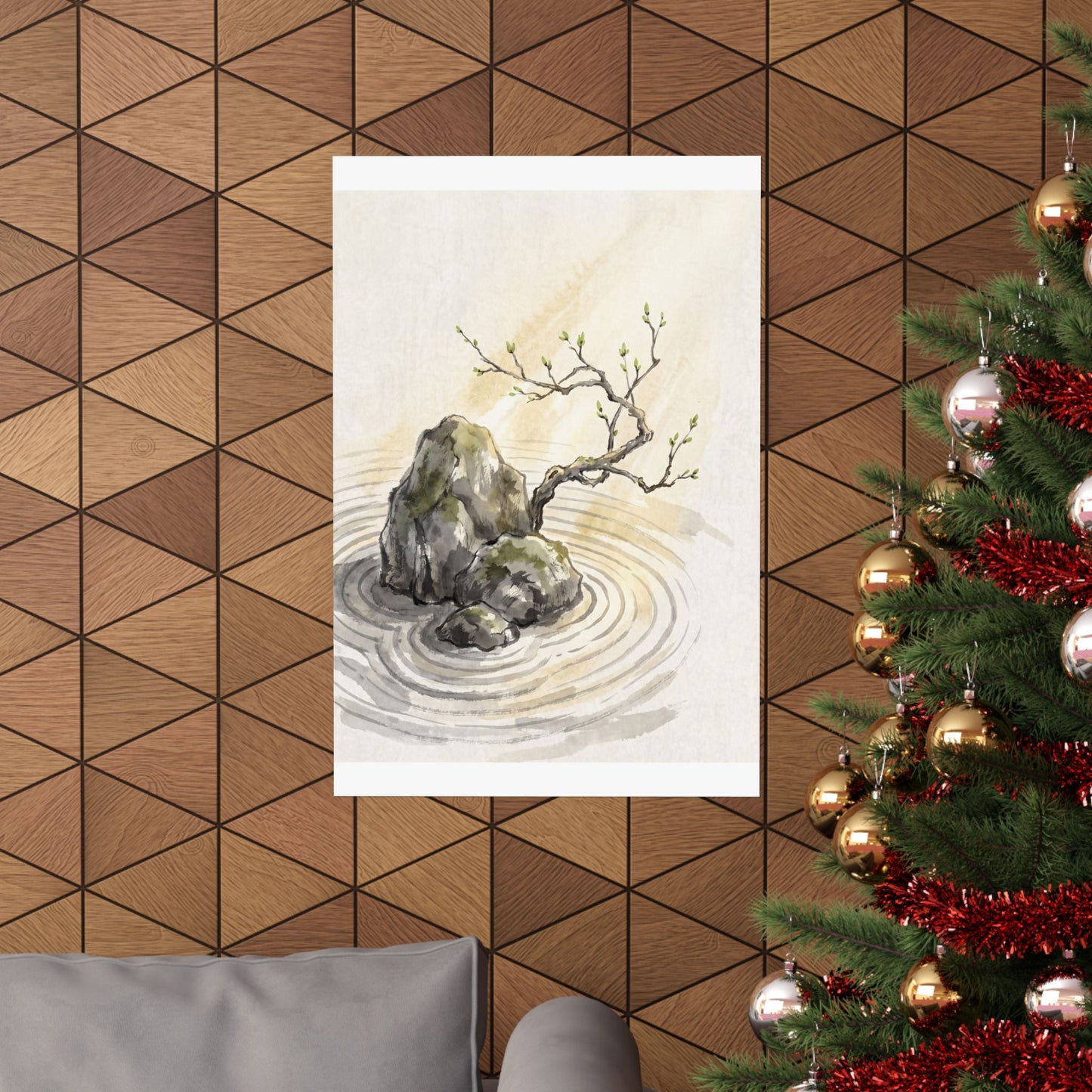 Zen Rock Garden in Golden Hour | Sumi E Wall Art Print