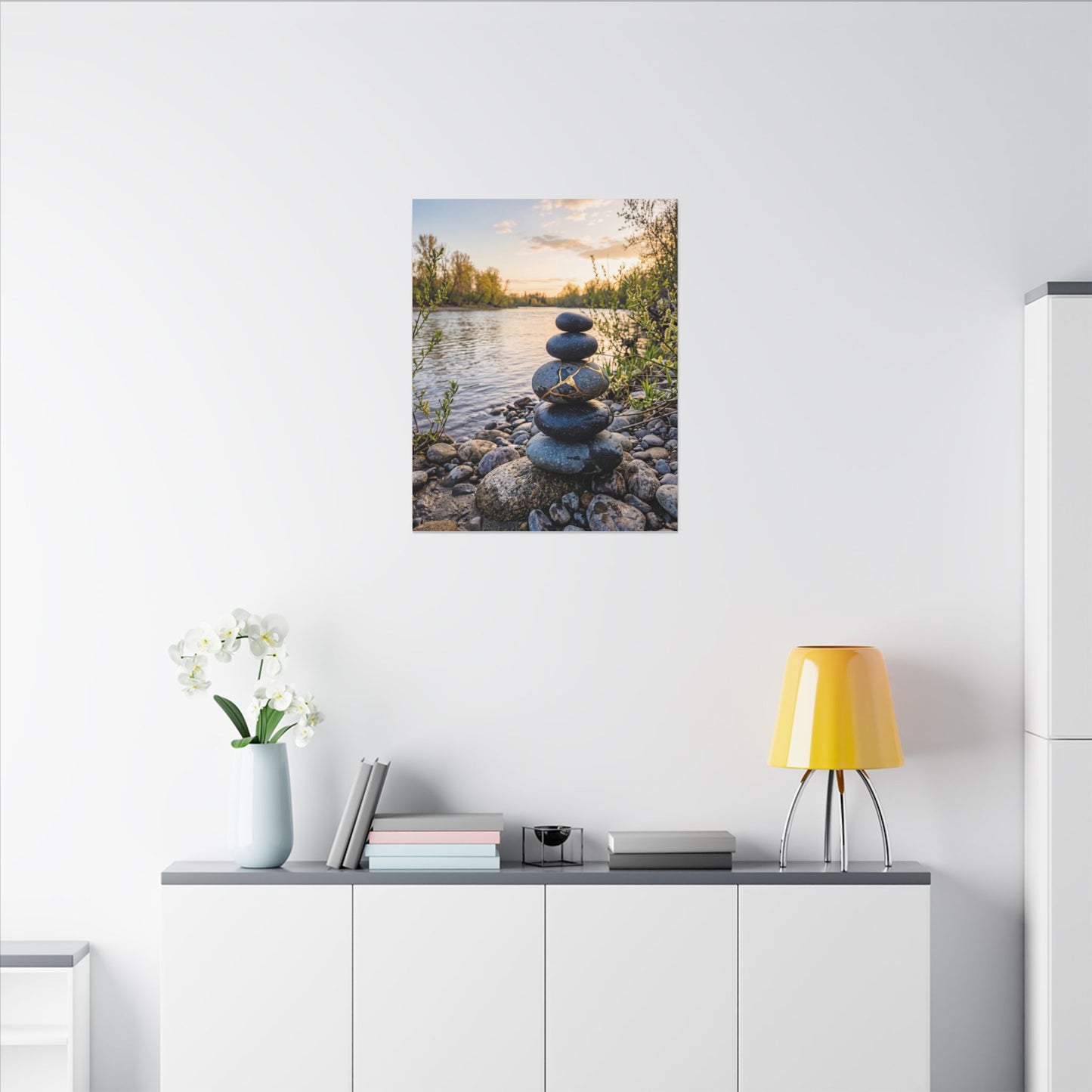 Kintsugi River Stones in Golden Hour | Gold Vein Canvas Art