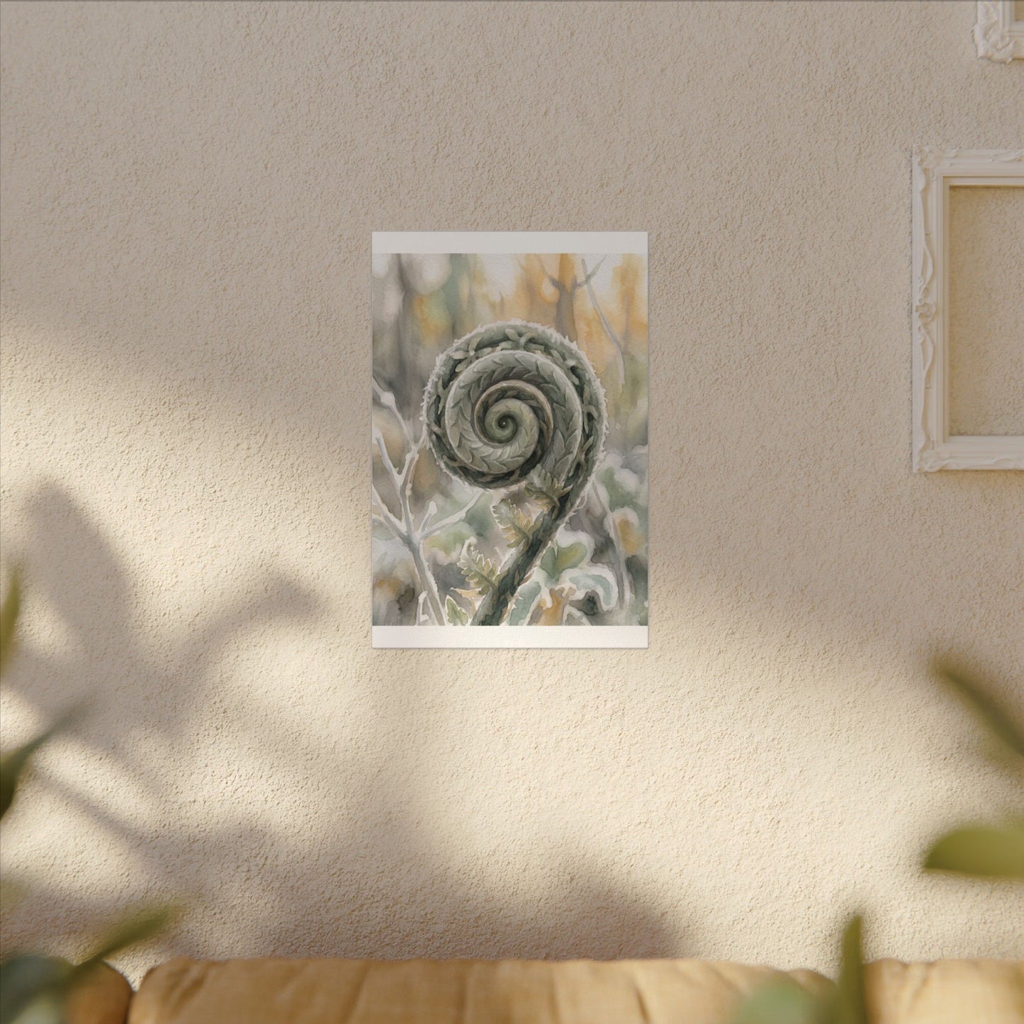 Winter Fern Unfurling Watercolor Canvas Art | Cozy Decor