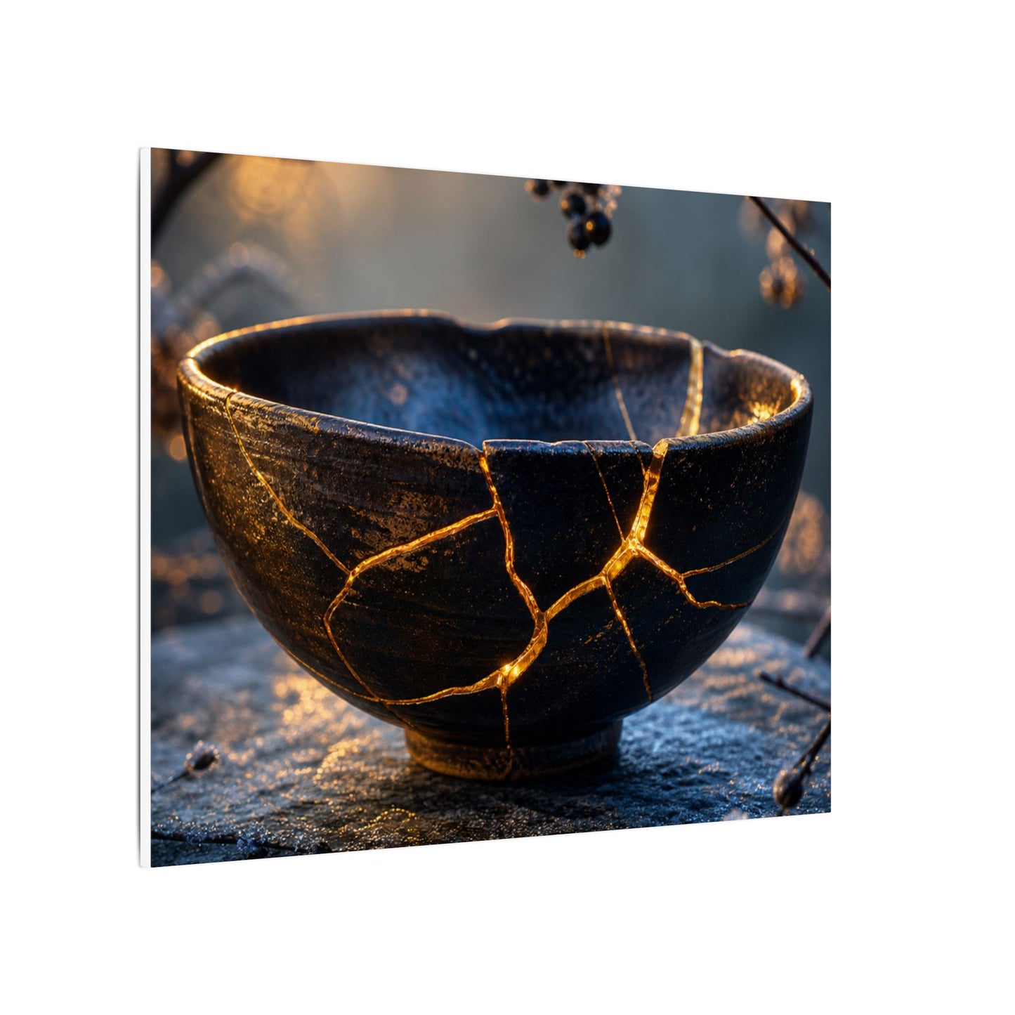 Ceramic Bowl Canvas Art | Winter Kintsugi Gold Repair Art
