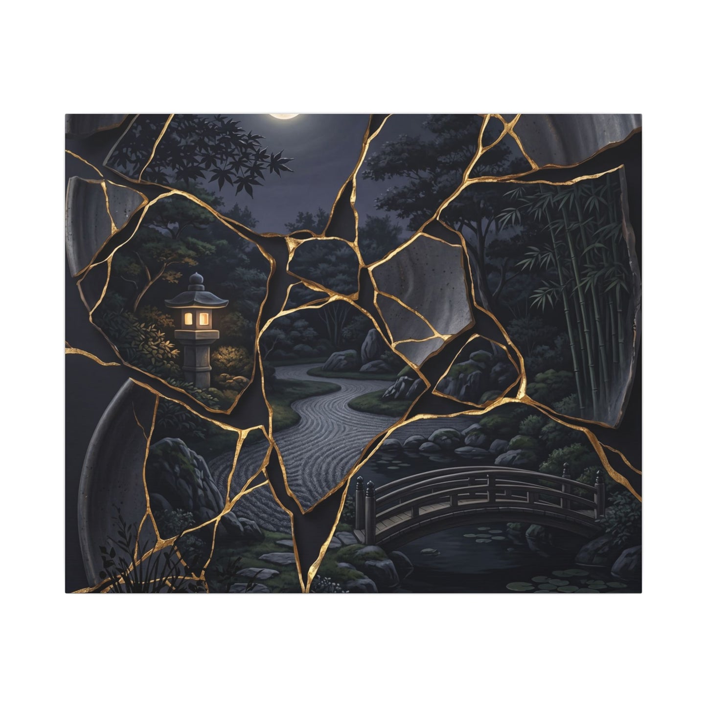 Kintsugi Moonlit Garden in Golden Hour | Gold Repair Canvas Art