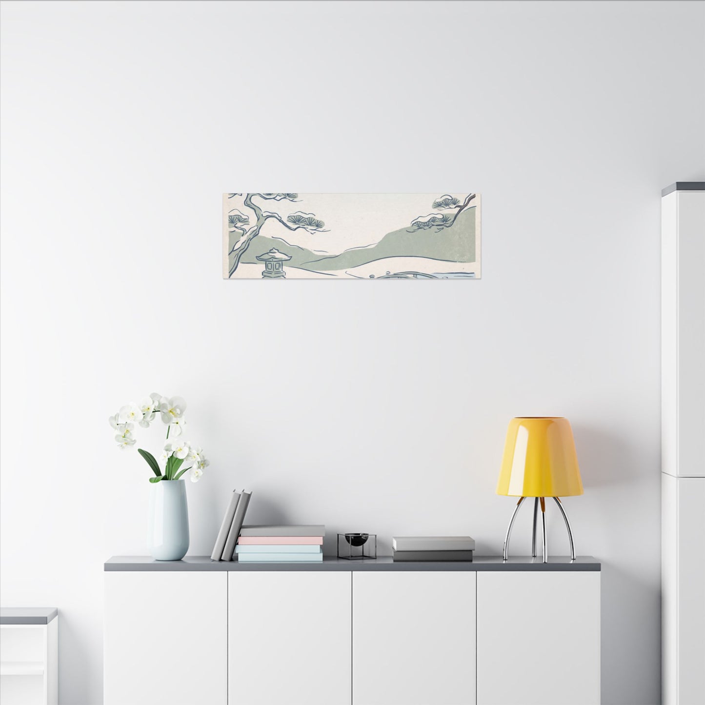 Japandi Moonlit Garden in Moonlight | Minimal Line Canvas Art