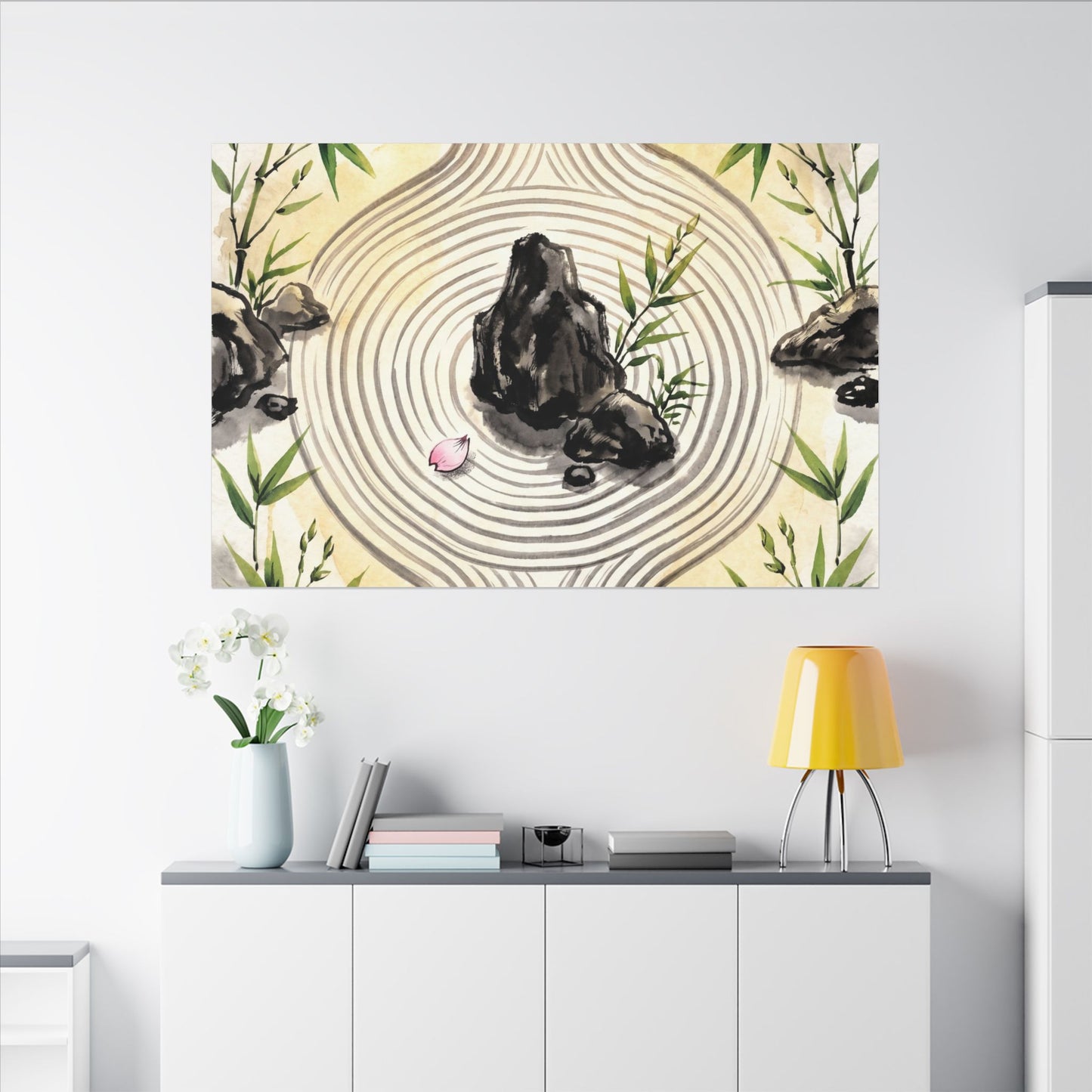 Zen Rock Garden in Golden Hour | Sumi E Canvas Art