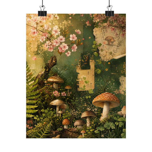 Cherry Blossom Mushroom Illustration Wall Art Print | Earthy Cottagecore Art