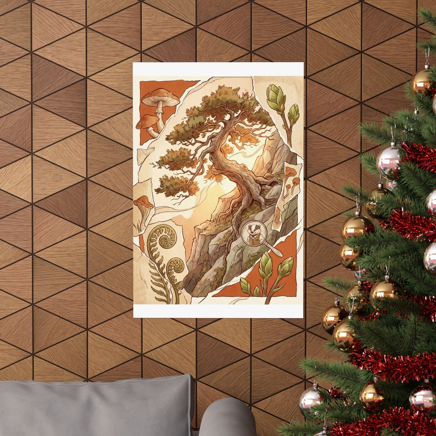 Spring Pine Tree Mushroom Illustration Wall Art Print | Cozy Decor