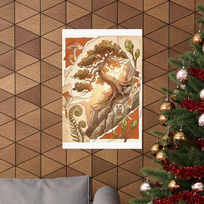 Spring Pine Tree Mushroom Illustration Wall Art Print | Cozy Decor
