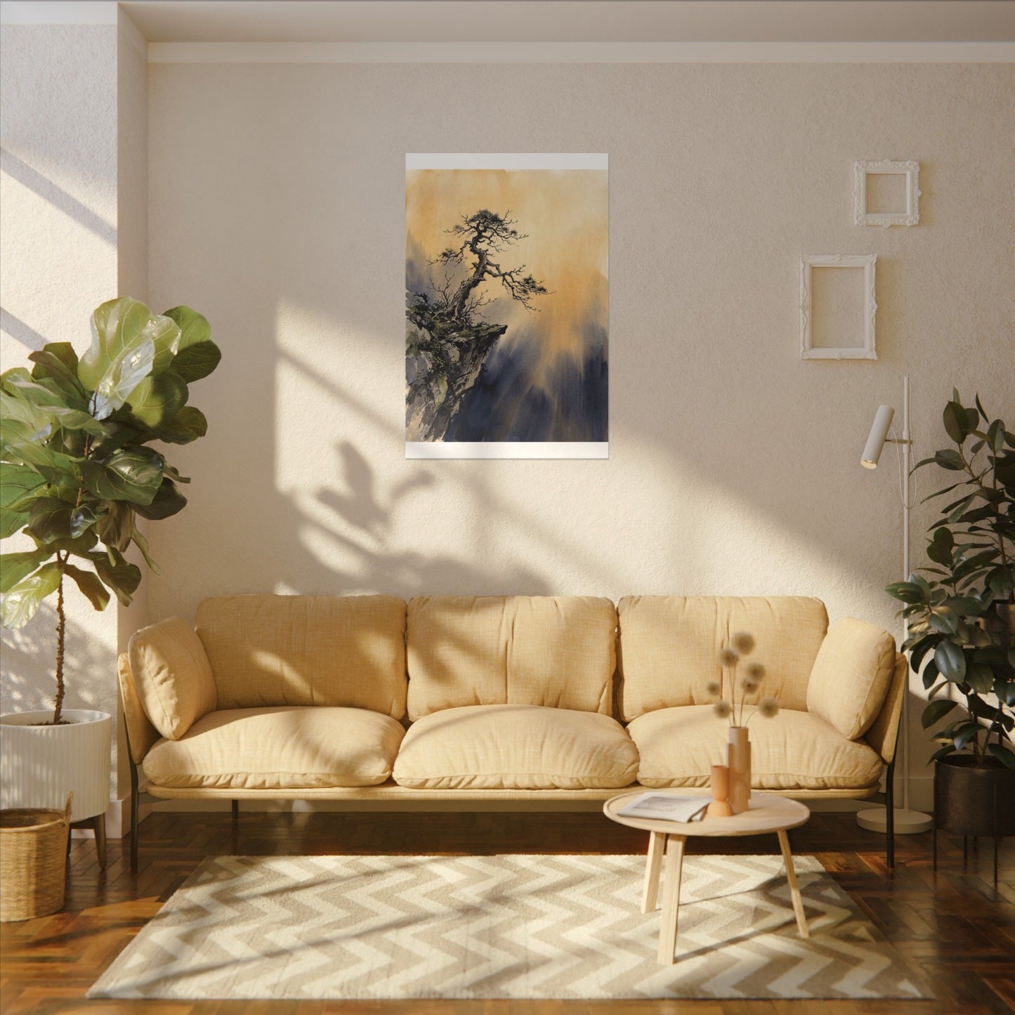Zen Pine Tree in Golden Hour | Sumi E Canvas Art