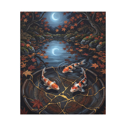 Koi Pond Canvas Art | Autumn Kintsugi Gold Repair Art