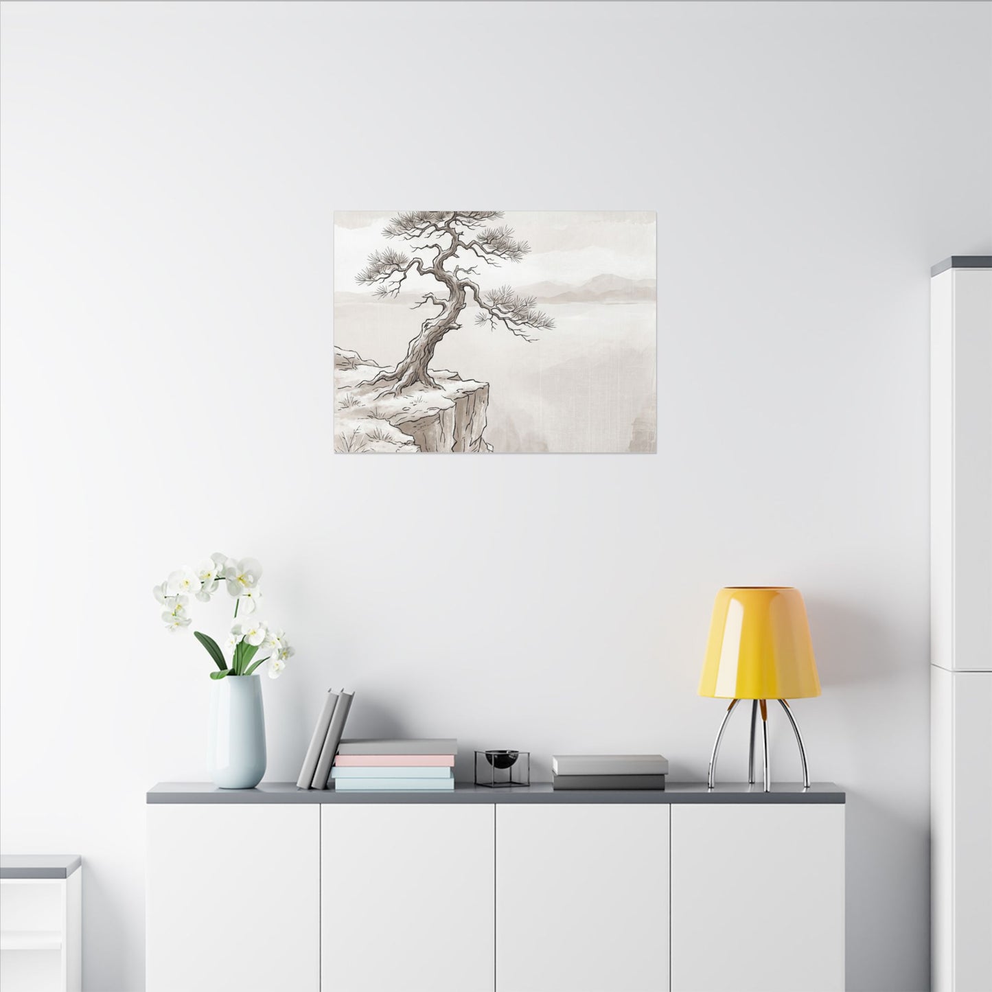 Neutral Pine Tree Canvas Art - Minimal Line Japandi