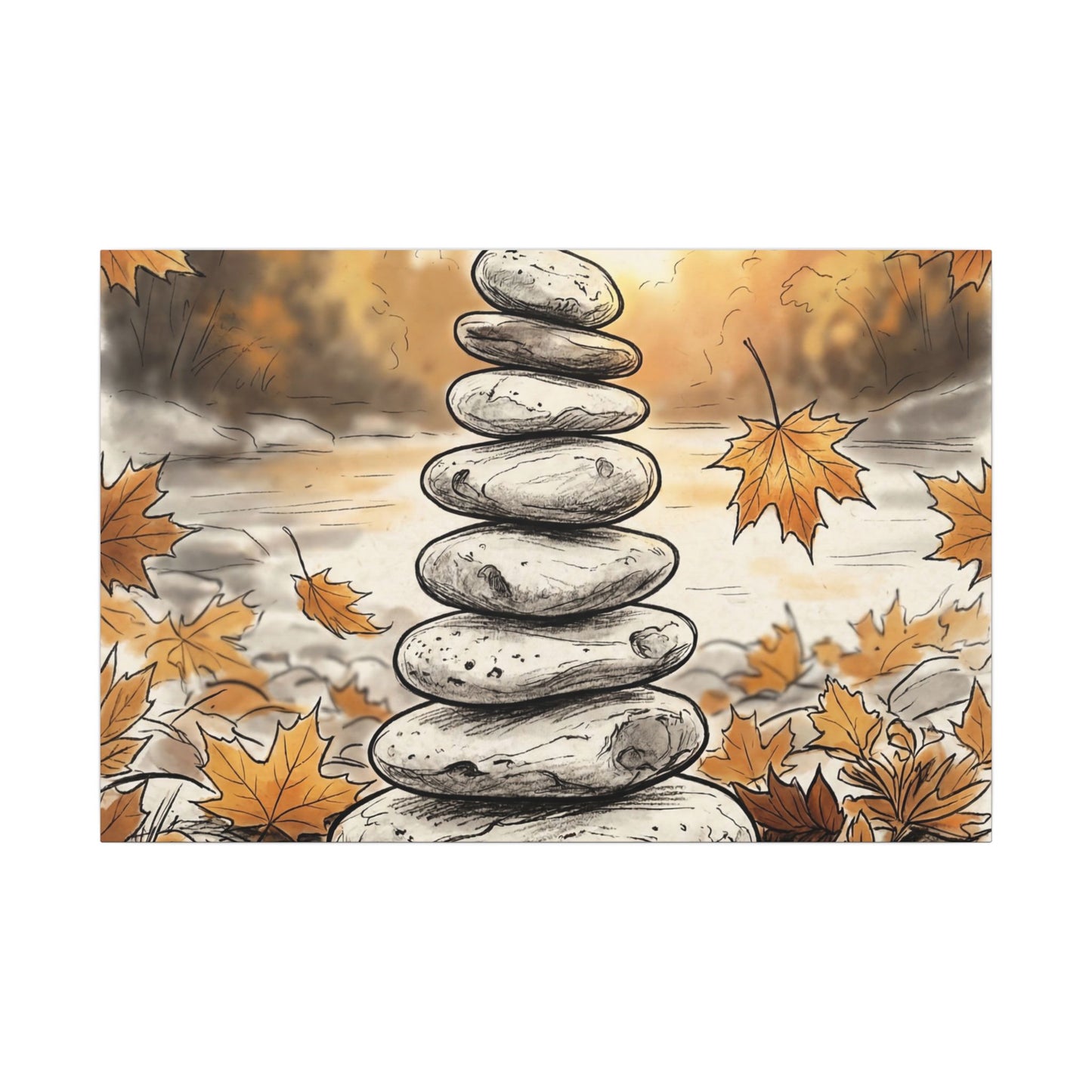 Earthy River Stones Canvas Art - Minimal Line Japandi Art Print