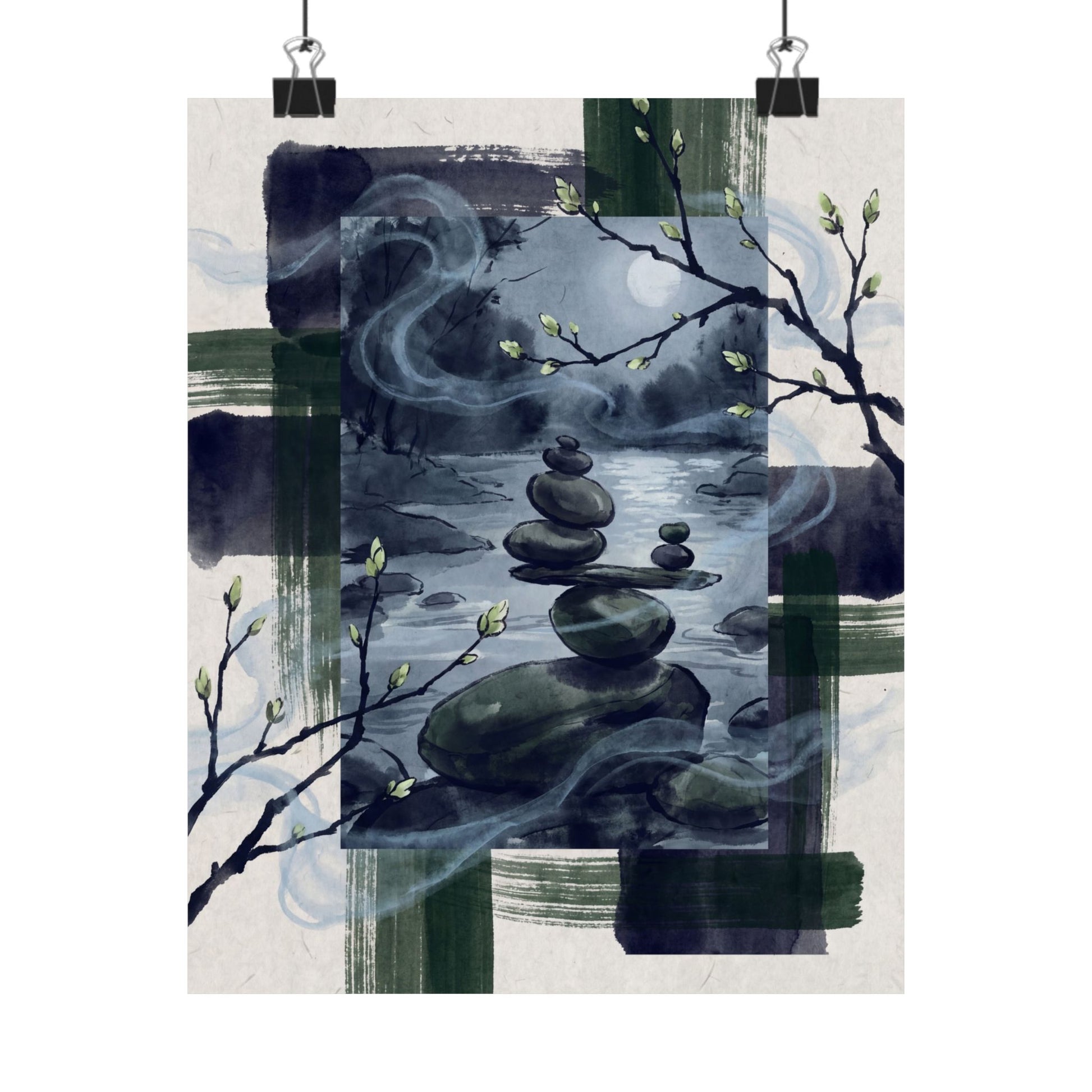 River Stones Wall Art Print | Spring Zen Sumi E Art Art Print
