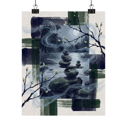 River Stones Wall Art Print | Spring Zen Sumi E Art Art Print