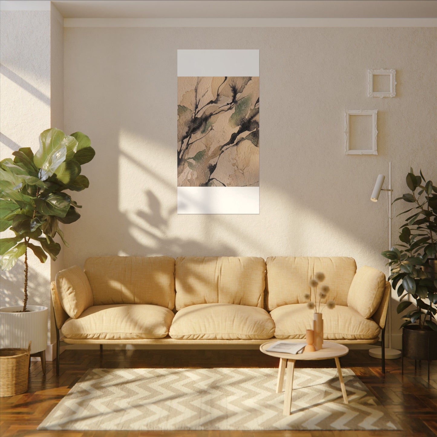 Japandi Shadow Play in Golden Hour | Watercolor Canvas Art