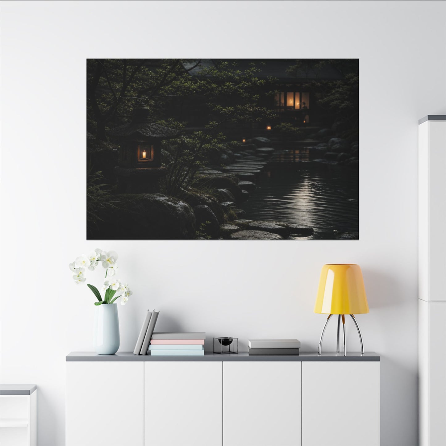 Moonlit Garden Shadow Zen Canvas Art | Sophisticated Dark Japandi Art