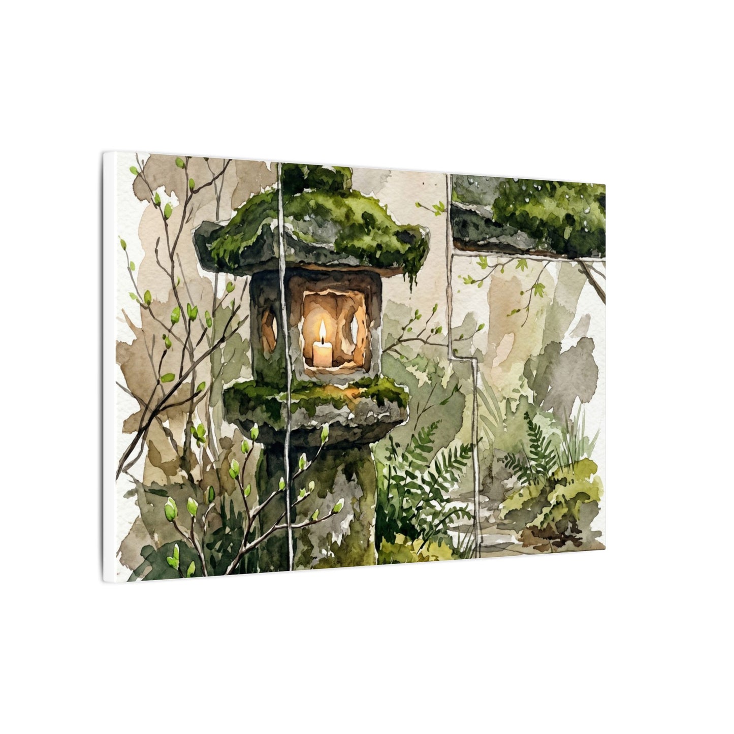 Stone Lantern Watercolor Canvas Art | Elegant Japandi Art