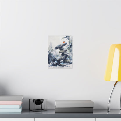 Zen River Stones in Moonlight | Sumi E Canvas Art