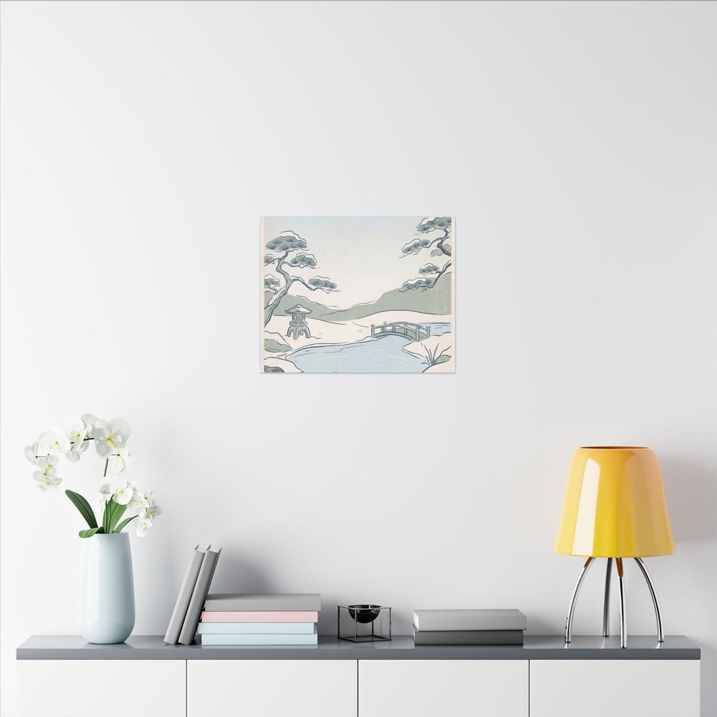 Japandi Moonlit Garden in Moonlight | Minimal Line Canvas Art